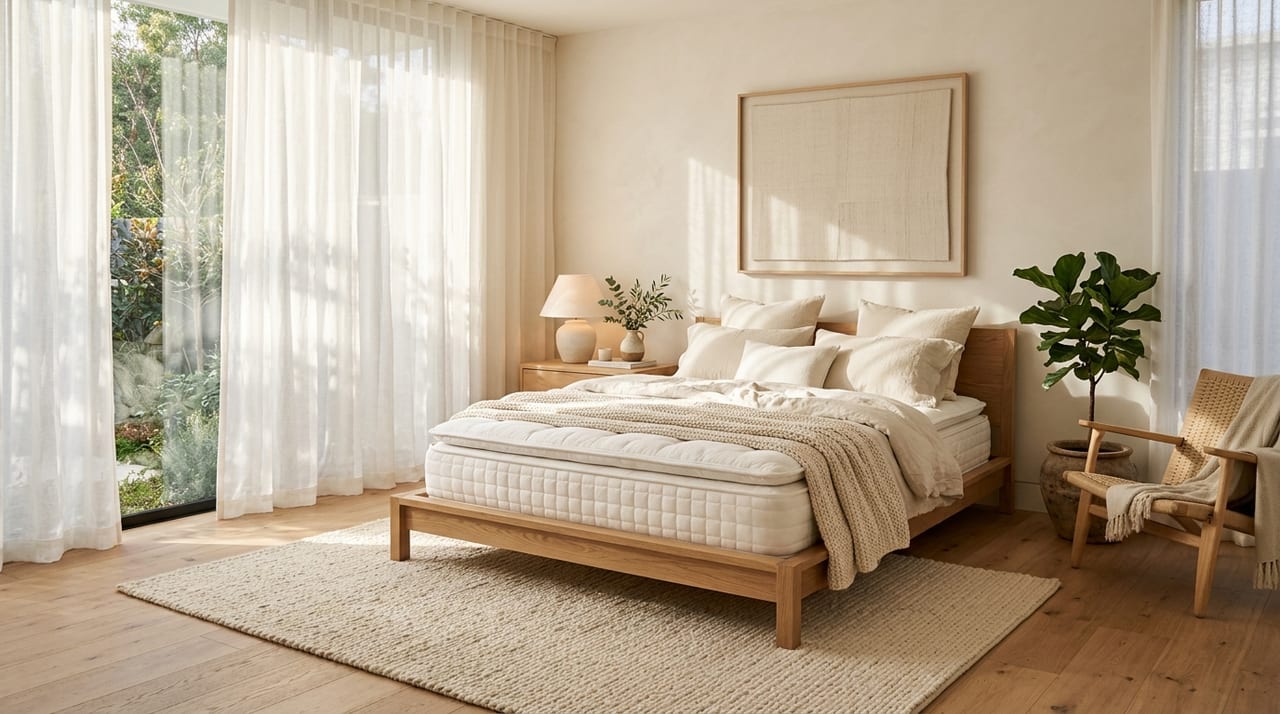 GROWELLSLEEP Premium Mattress Luxury Bedroom GROWELLSLEEP premium mattress in a modern luxury bedroom with warm morning sunlight designed for better sleep